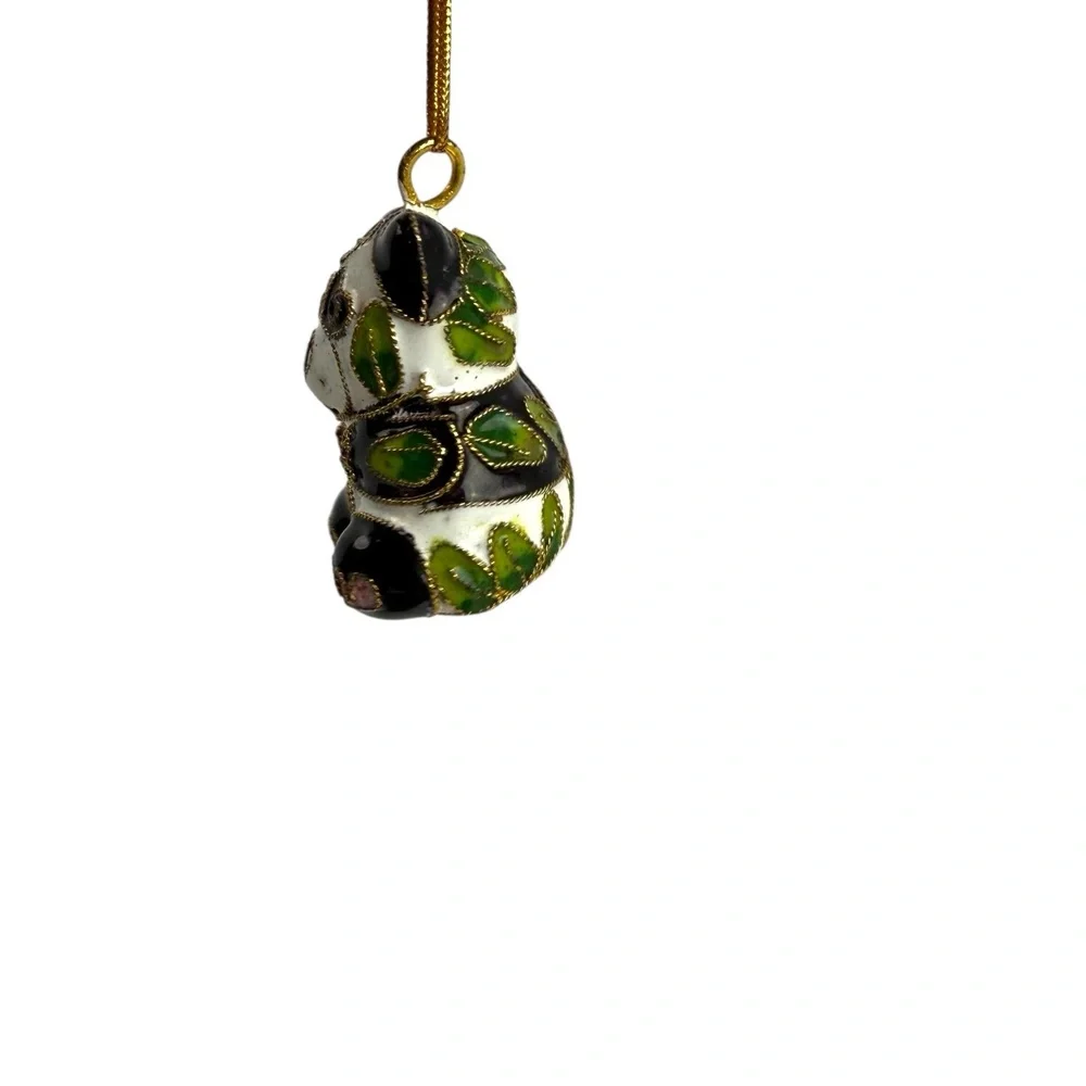 Vintage Cloisonne Enamel Panda Bear Ornament Black‎ White Green Intricate